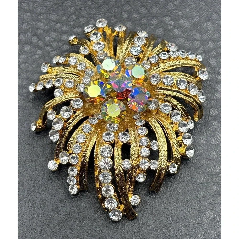 HUGE Aurora Borealis AB Crystal Rhinestone Sunburst Gold Tone Brooch Pin